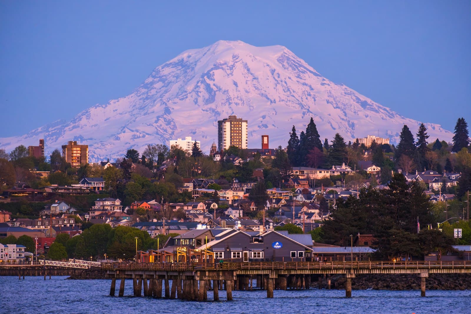 Tacoma — a large snow covered mountain towering over a city