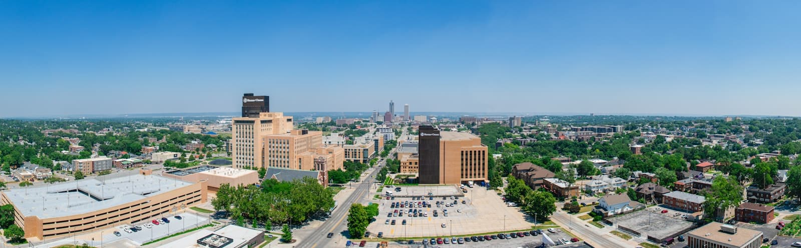 Traverse City — An aerial view of a city with tall buildings