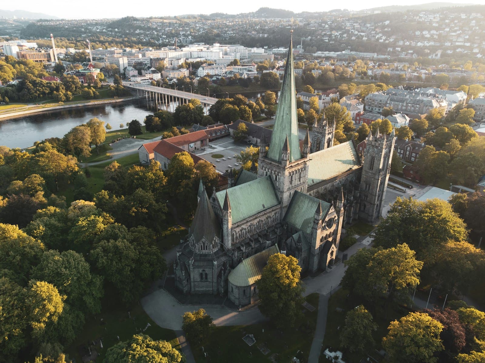Trondheim — an aerial view of a large church surrounded by trees