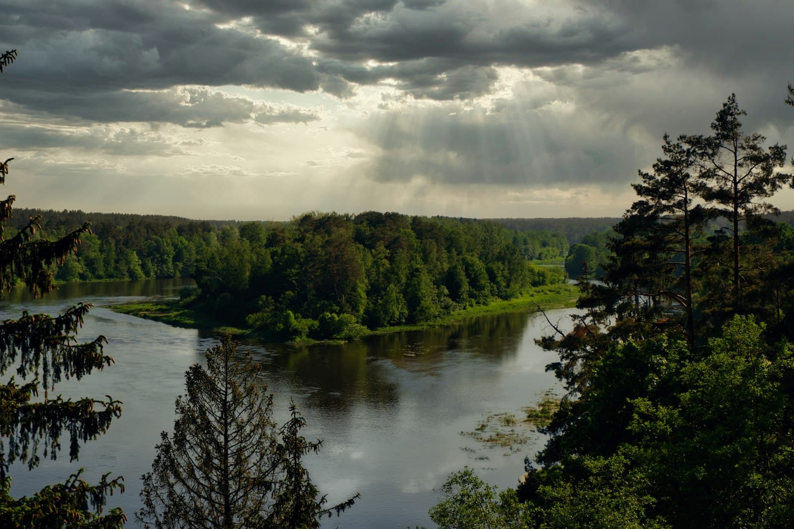 Tytuvėnai — a river surrounded by trees under a cloudy sky