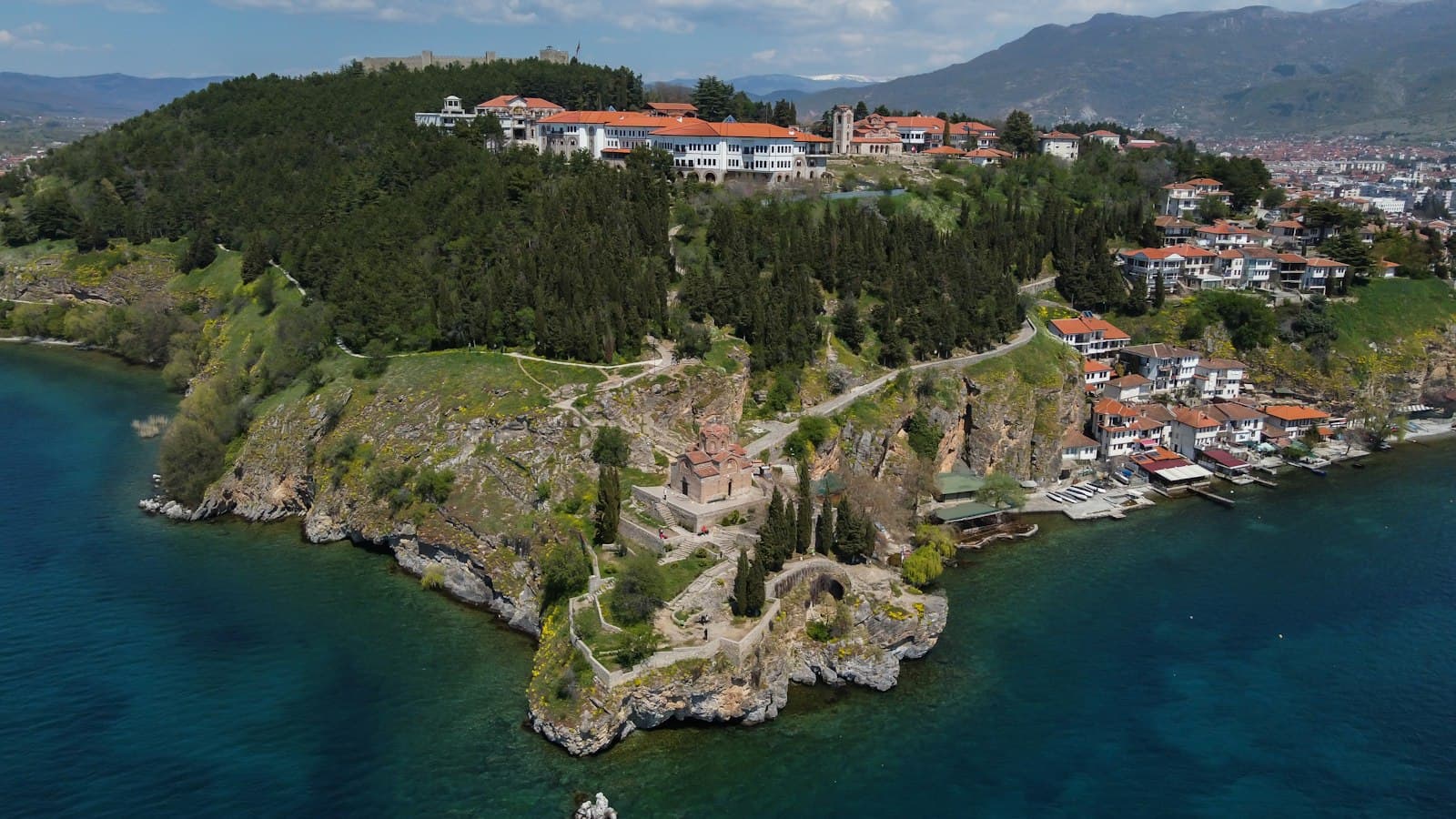 Vevčani — aerial view of houses on mountain