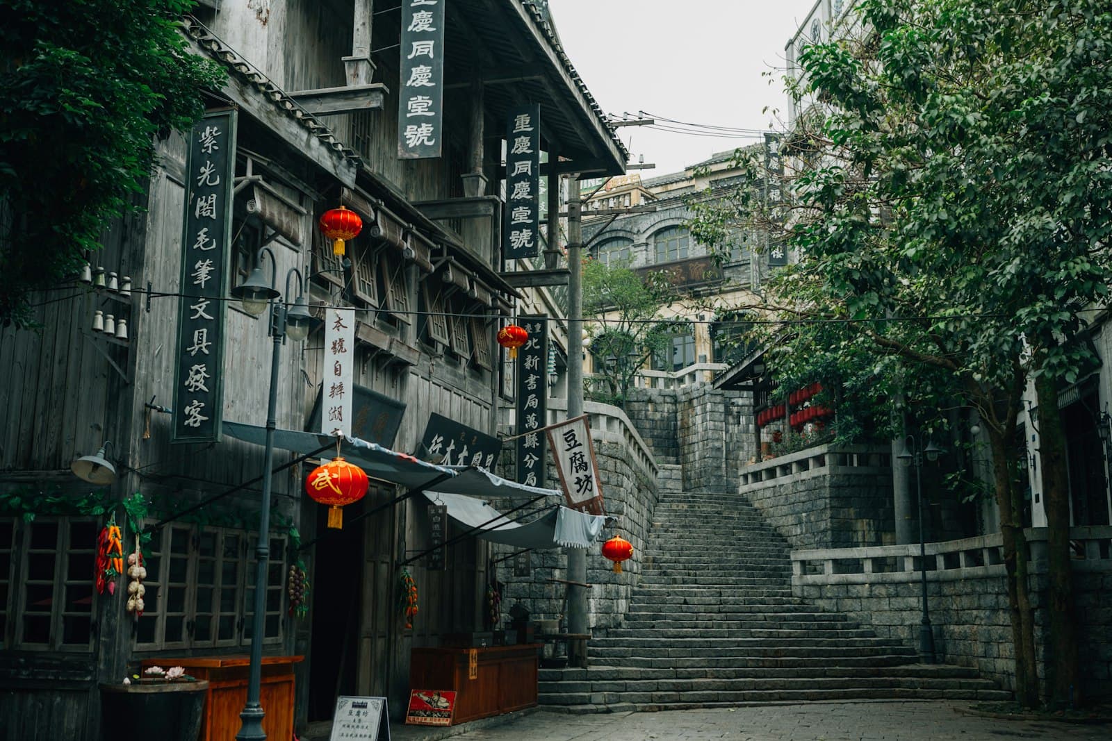 Xitang — gray and green wooden building